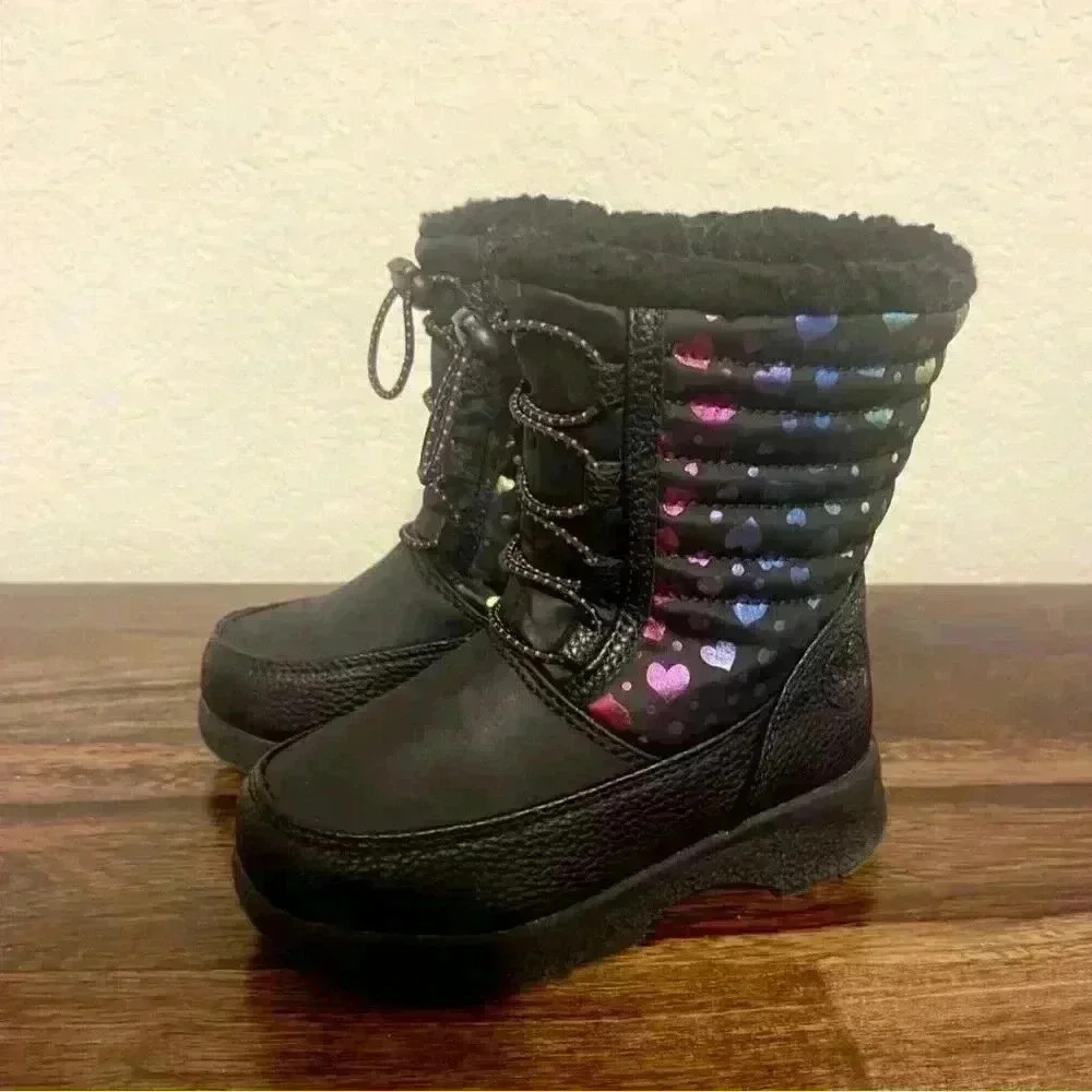 Totes Winter Snow Boots Toddler 8 Black Faux Leather Faux Fur Rainbow Hearts